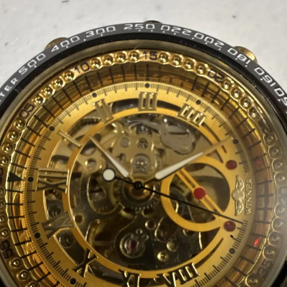 Winner TM432 Men's Wristwatch Gold Skeleton Automatic Tachymeter (B18)